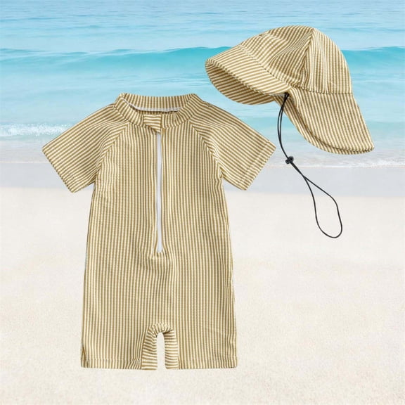 BRGZLK Baby Boys Swimsuit Cute Short Sleeve Stripe Sun Protection Rash Guard Swimsuit Beach Zipper One Piece Swimsuit Romper with Hat Set Yellow 2-3 Years