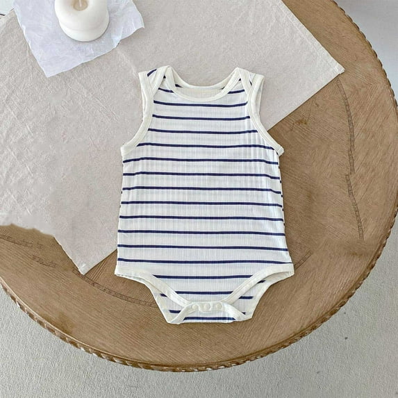 BRGZLK Baby Cami Romper Summer Fashionable Striped Print Sleeveless Jumpsuit Boys Girls Comfy Breathable Cotton One-Piece Blue 3-6 Months