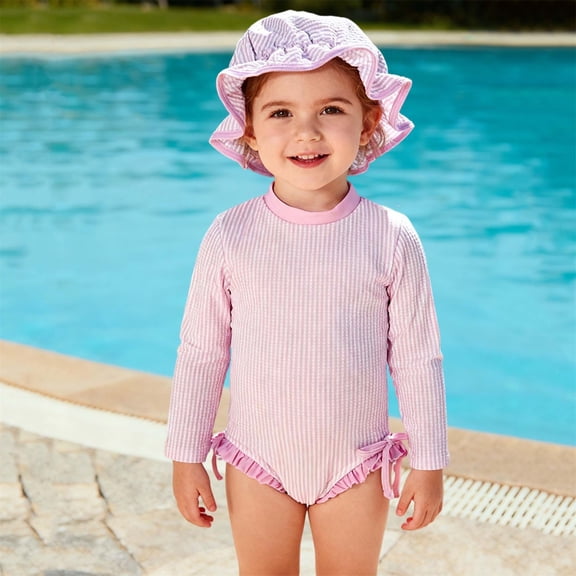 BRGZLK Baby Girl Swimsuit Cute Stripe Long Sleeve Sun Protection Swimsuit Beach One Piece Swimsuit Romper with Hat Set Pink 18-24 Months