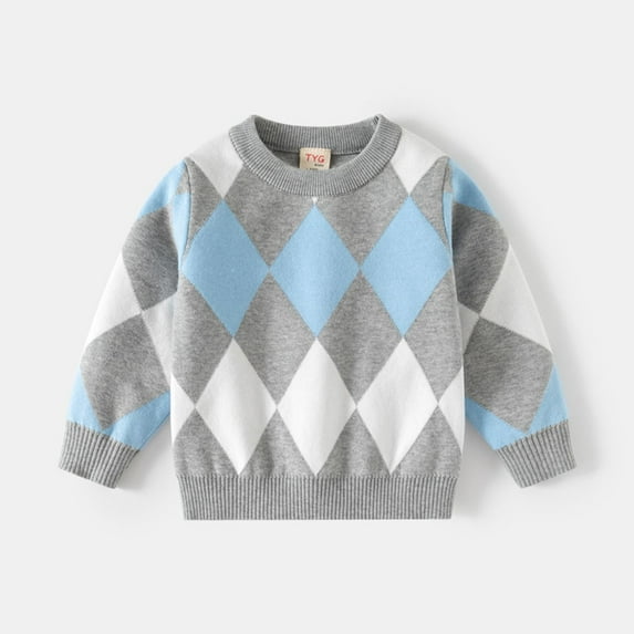 BRGZLK Baby Girls Boys Round Neck Sweater Fall Winter Trendy Color-Blocked Argyle Print Long Sleeved Double-Layer Thread Base Warm Pullover Sweater Tops Gray 1-2 Years