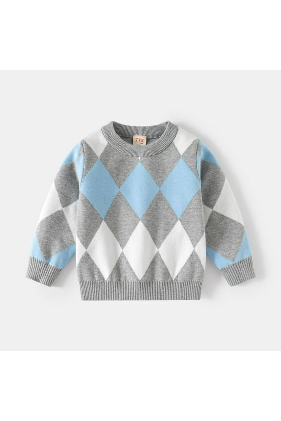 Baby Girls Boys Round Neck Sweater Fall Winter Trendy Color-Blocked Argyle Print Long Sleeved Double-Layer Thread Base Warm Pullover Sweater Tops Gray 4-5 Years