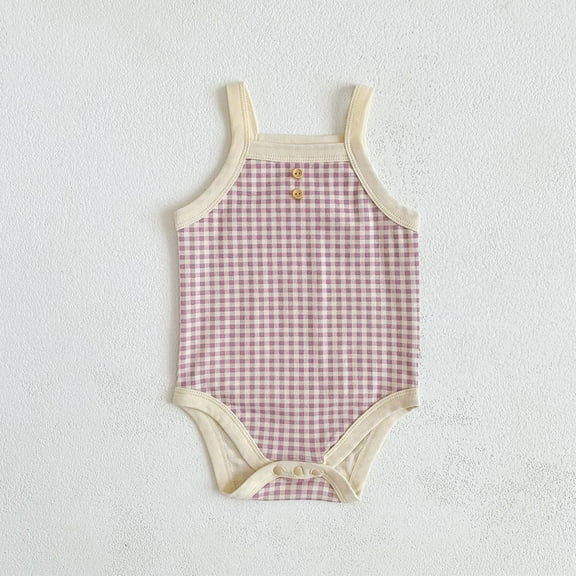 BRGZLK Baby Romper, Boys Girls Trendy Plaid Printed Round Neck Sleeveless Jumpsuit Newborn Summer Breathable Cotton Onesie Purple 3-6 Months