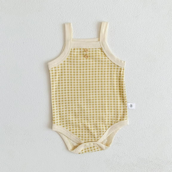 BRGZLK Baby Romper, Boys Girls Trendy Plaid Printed Round Neck Sleeveless Jumpsuit Newborn Summer Breathable Cotton Onesie Yellow 3-6 Months