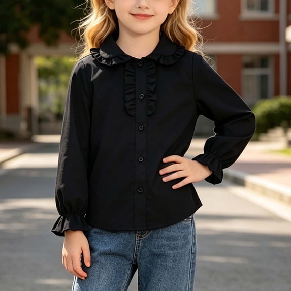 BRGZLK Back to School Girls Shirts 2026 Cute Solid Color Long Sleeve Lace Trim Collar Puff Sleeve Blouses Summer Casual Button Down Tops Black 8-9 Years