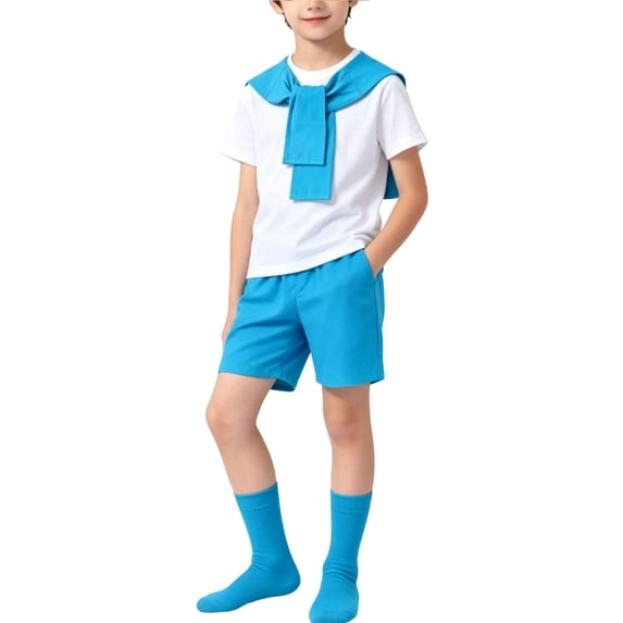 BRGZLK Back to School Outfits for Girls Summer Cute Solid Color Crewneck Short Sleeve T-Shirt and Paperbag Skirt & Plain Shawl & Socks Comfortable Breathable 4 Piece Sets Blue A 9-10 Years