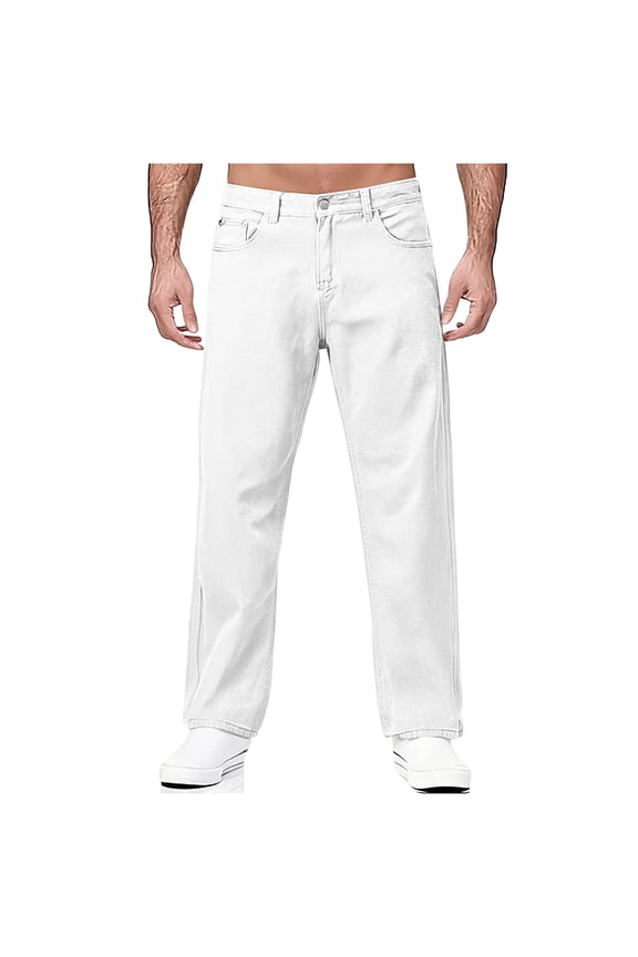 Baggy Jeans for Men Solid Color Fashion Washed Long Pants Relaxed Fit Straight Leg Stretch Jeans White XXL