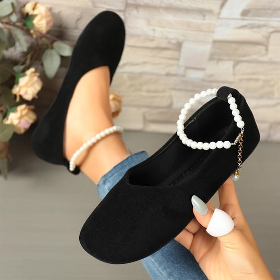 BRGZLK Ballet Flats for Women Ladies Loafers Dress Shoes Fashion Pearl Ankle Strap Lightweight Comfort Low Heels Flats Shoes for Walking Beach Travel Black 9.5