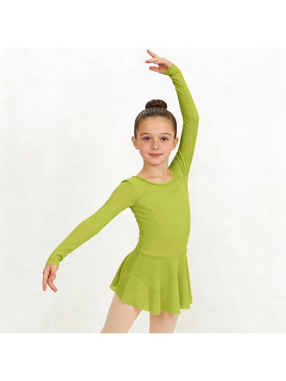 Ballet Leotards for Girls Classic Solid Color Long Sleeve Round Neck Dance Dress Toddler Soft Comfortable Jumpsuit Dress Green 3-4 Years