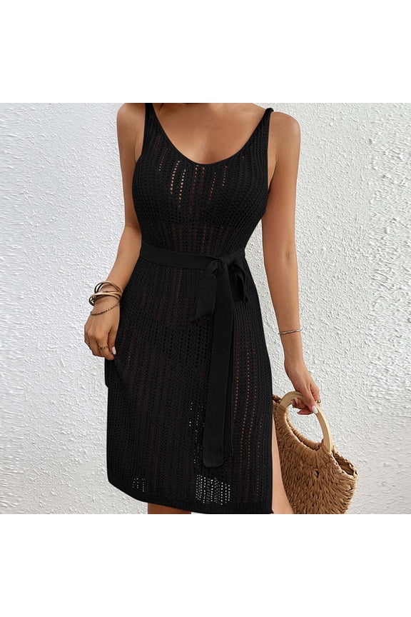Beach Cover Ups for Women Summer 2026 Trendy Metal Bow Decoration Casual Solid Color Tie-Back Crochet Knit V Neck Side Slit Swimsuit Cover Up White Free Size