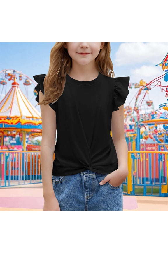 Big Girl's Tee Summer New Shirts for Kids Raglan Sleeve Short Sleeve Shirt Cute Ruffle Sleeve Shirts Round Neck Casual T-Shirt Black 12-13 Years