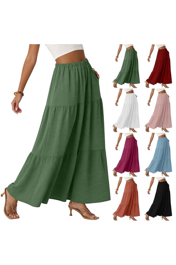 Boho Skirts For Women Summer High Waisted Tiered Solid Color A Line Casual Long Skirt 2026 Summer Elegant Pleated Skirt with Pockets
