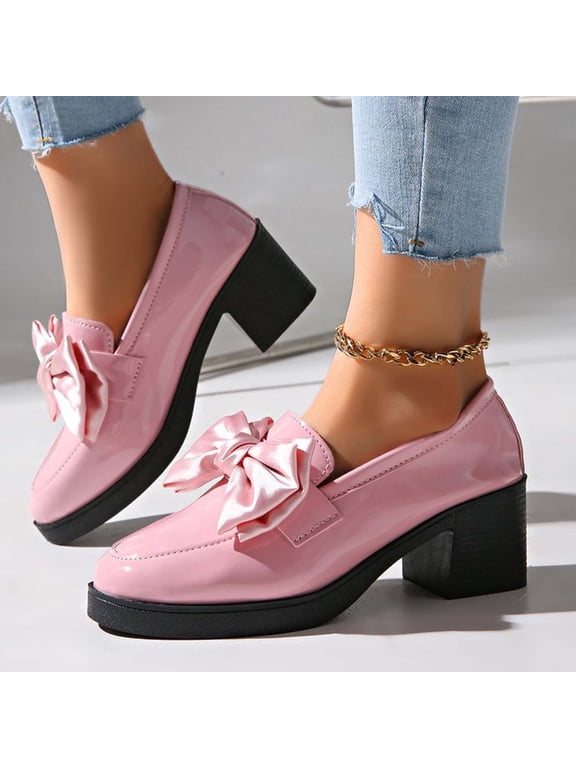 Bow Loafers for Women's Casual Trendy Leather Shoes Solid Color Bow Elegant Round Toe Platform Chunky Heel Flats Casual Work Shoes for Business Office Pink 5.5