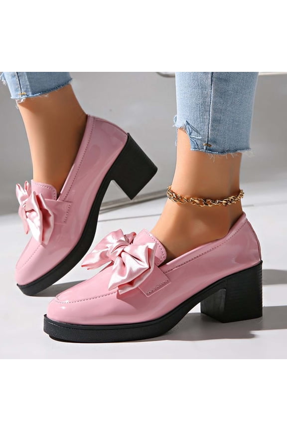 Bow Loafers for Women's Casual Trendy Leather Shoes Solid Color Bow Elegant Round Toe Platform Chunky Heel Flats Casual Work Shoes for Business Office Pink 5.5