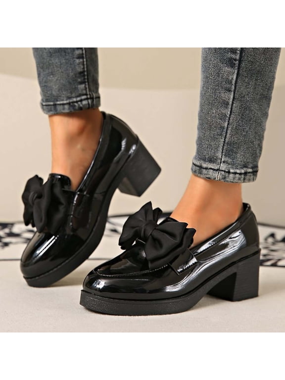 Bow Loafers for Women's Casual Trendy Leather Shoes Solid Color Bow Elegant Round Toe Platform Chunky Heel Flats Casual Work Shoes for Business Office Black 5.5