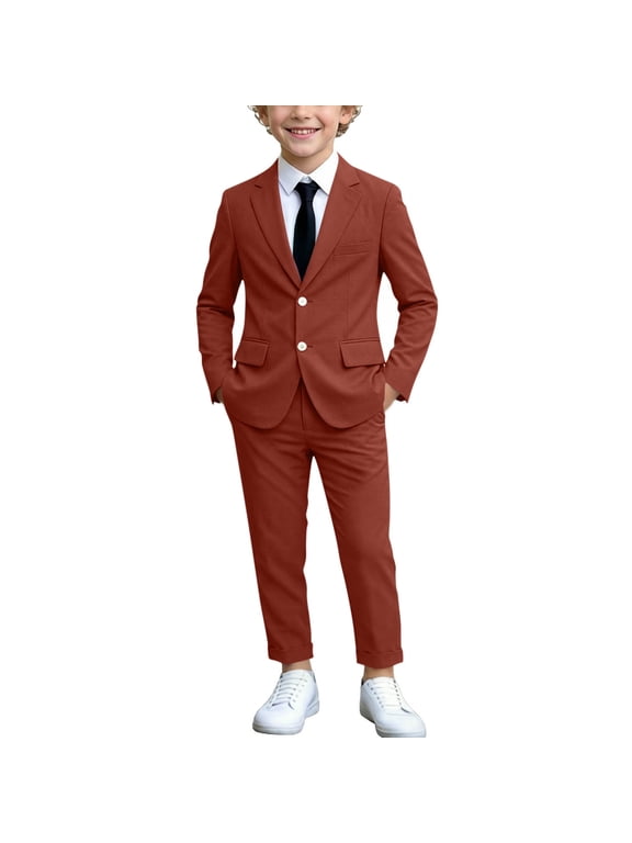 Boys 2 Piece Tuxedo Suit Trendy Kids Formal Slim Fit Jacket and Long Pants Set for Performance Photo, Back to School Outfits Red 7-8 Years