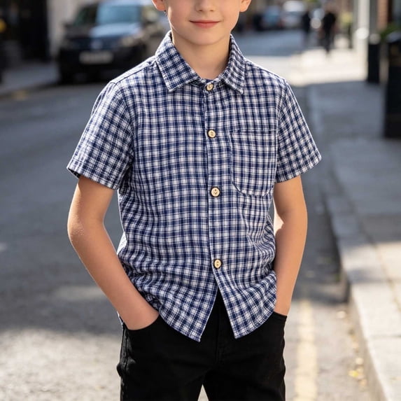 BRGZLK Boys Button Down Shirts Trendy Plaid Short Sleeve Casual Loose Stretch Dress Shirt School Uniform Dress Tops with Pockets Blue 1-2 Years
