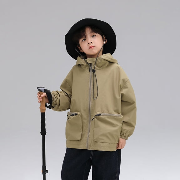 BRGZLK Boys Casual Hooded Jacket Spring Fall Solid Color Full-Zip Windproof Coat Kids Outdoor Hiking Travel Outerwear with Pocket Khaki 13-14 Years