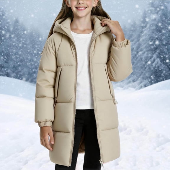 BRGZLK Boys Coats Lightweight Padded Coat Long Sleeved Zipper Hooded Windproof and Warm Daily Mid-length Style Casual Loose Outwear Beige 7-8 Years