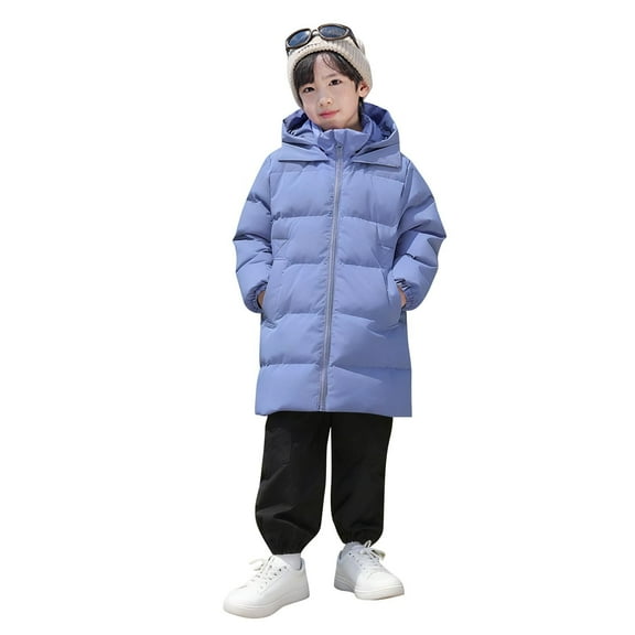BRGZLK Boys Coats Lightweight Padded Coat Solid Color Long Sleeved Zipper Hooded Windproof and Warm Mid-length Style Winter Outwear with Pocket Blue 5-6 Years