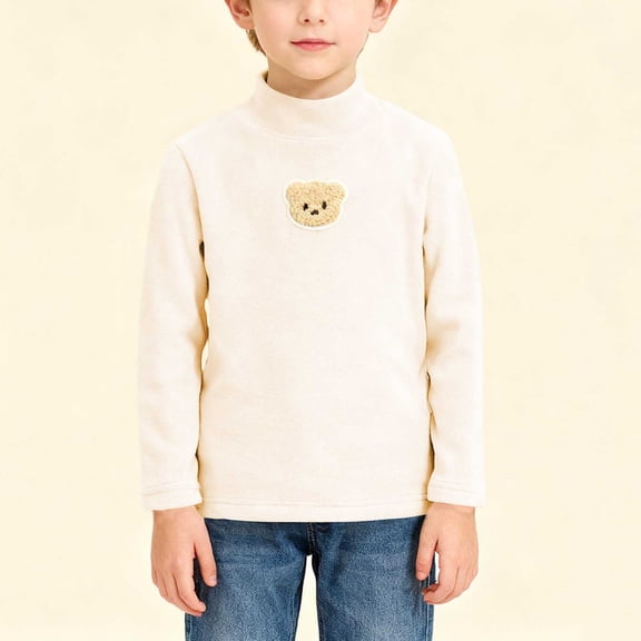 BRGZLK Boys Cute BearTops Polar Fleece Semi High Neck Top Kids Long Sleeve Pullover Shirt for Kids Casual Comfort Tops Beige 5-6 Years