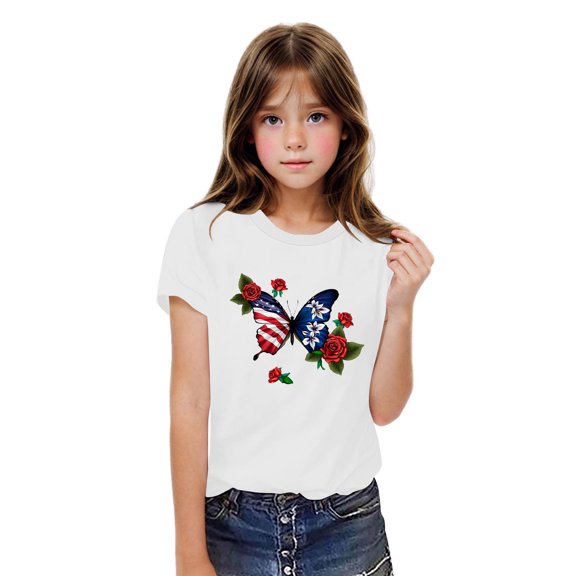 BRGZLK Boys Girls 4Th Of July Cotton Shirts Kids Independence Day Flag T-Shirts Casual Round Neck Short Sleeve Tops White 7-8 Years