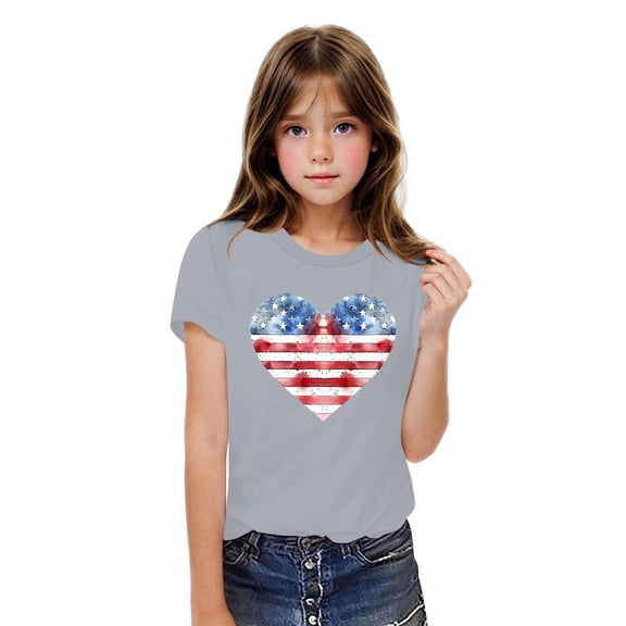 BRGZLK Boys Girls 4Th Of July T-Shirts Fashion Independence Day Heart Flag Graphic Shirt Casual Cozy Cotton Short Sleeve Tops Gray 9-10 Years