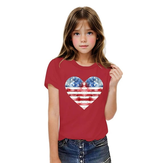 BRGZLK Boys Girls 4Th Of July T-Shirts Fashion Independence Day Heart Flag Graphic Shirt Casual Cozy Cotton Short Sleeve Tops Red 3-4 Years