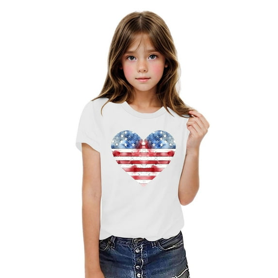 BRGZLK Boys Girls 4Th Of July T-Shirts Fashion Independence Day Heart Flag Graphic Shirt Casual Cozy Cotton Short Sleeve Tops White 5-6 Years
