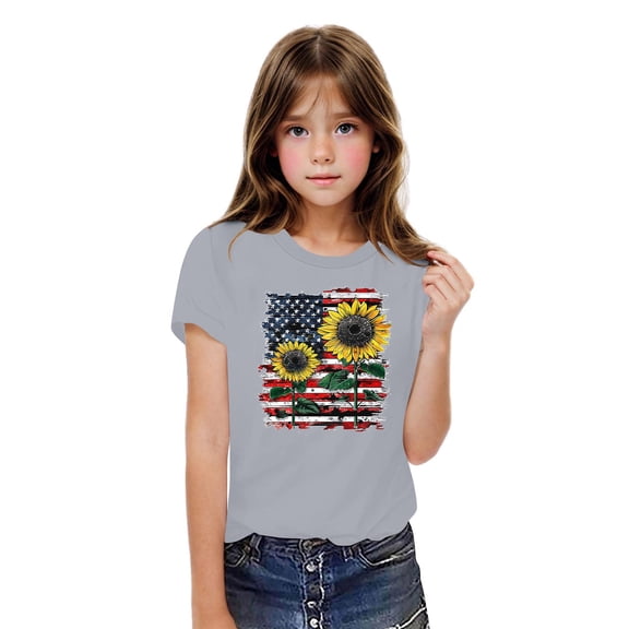 BRGZLK Boys Girls American Flag T-Shirts Kids Fashion Independence Day Patriotic Tees Casual Round Neck Short Sleeve Cotton Tops Gray 7-8 Years