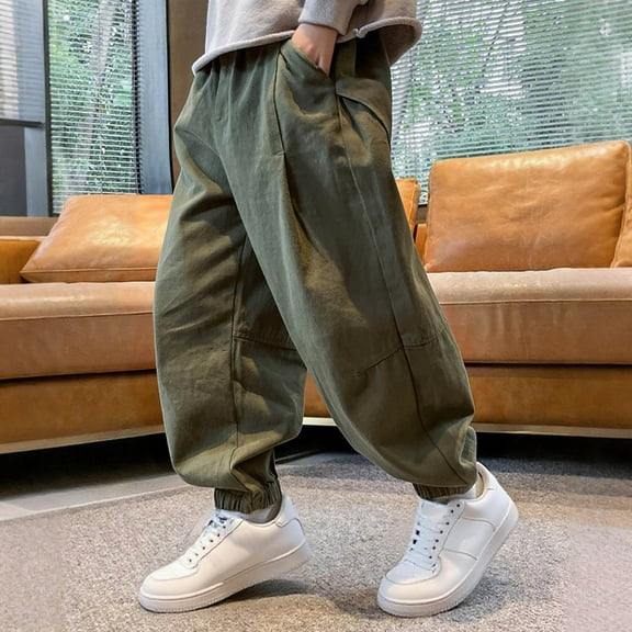 BRGZLK Boys Girls Cargo Pants Kids Spring Fall Fashion Solid Color Elastic Waist Casual Sports Pant Loose Casual Workwear Pants with Pockets Green 7-8 Years