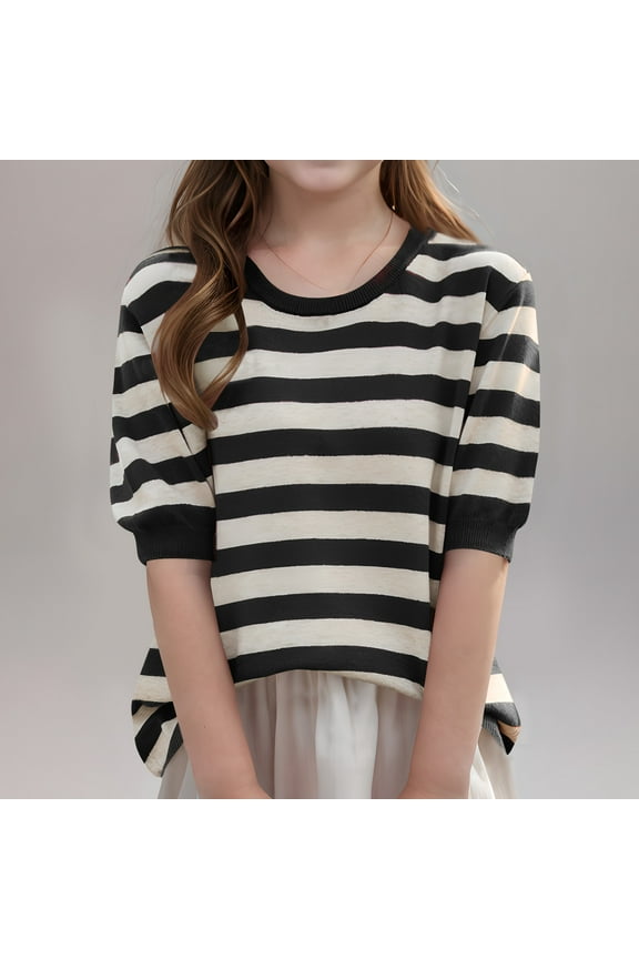Boys Girls Fall Short Sleeve Sweater Classic Striped Graphic Round Neck Loose Comfort Knit Pullover Top Black 14-15 Years