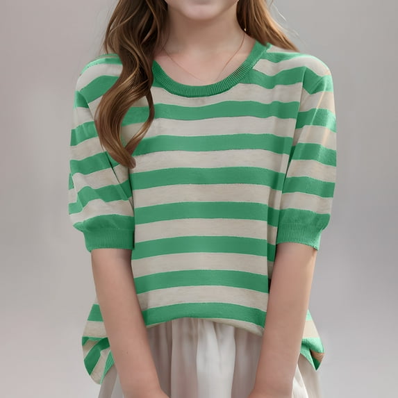 BRGZLK Boys Girls Fall Short Sleeve Sweater Classic Striped Graphic Round Neck Loose Comfort Knit Pullover Top Green 12-13 Years