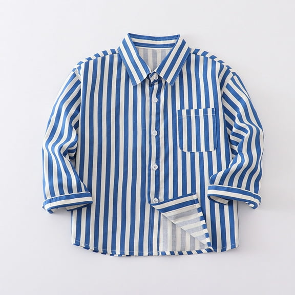 BRGZLK Boys Girls Fall T-Shirt, Kids Casual Long Sleeve Lapel Collared Cute Button Down Striped Shirts with Pocket Blue 2-3 Years