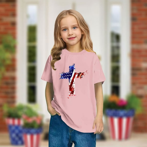 BRGZLK Boys Girls Independence Day Patriotic Tops Kids Memorial Day Flag Printed Shirt Fashion Cute Round Neck Cotton Short Sleeve Tees Pink 3-4 Years