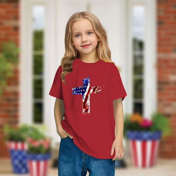 BRGZLK Boys Girls Independence Day Patriotic Tops Kids Memorial Day Flag Printed Shirt Fashion Cute Round Neck Cotton Short Sleeve Tees Red 9-10 Years