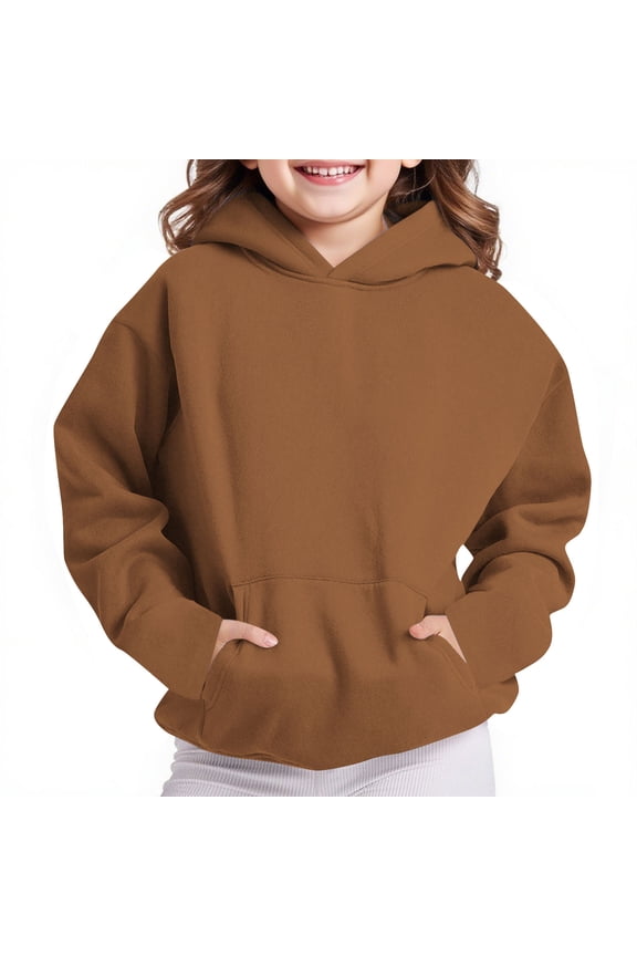 Boys Girls Long Sleeve Hooded Sweatshirt Trendy Solid Color Oversized Fleece Pullover Pocket Hoodies For Spring Fall Brown 7-8 Years