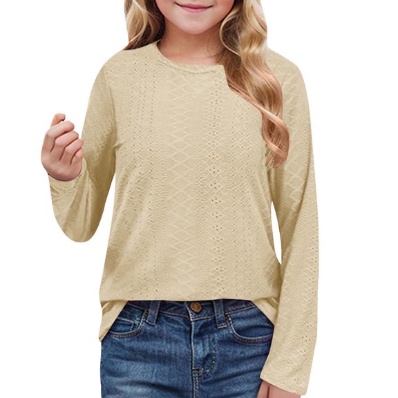 BRGZLK Boys Girls Long Sleeve T-Shirts Kids Cute Solid Color Shirts Loose Casual Round Neck Pullover Tops Yellow 13-14 Years