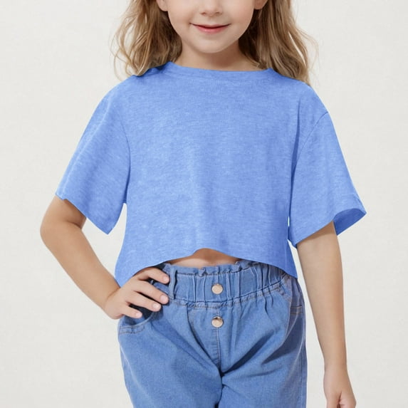 BRGZLK Boys Girls Short Sleeved Cropped Kids Trendy Solid Color Round Neck Short Sports Shirt Medium Large Children's Loose T-Shirt Blue 5-6 Years