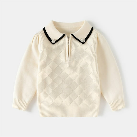 BRGZLK Boys Girls Sweaters Solid Color Lapel Zip Long Sleeve Knit Casual And Comfortable School Uniform Sweater Fall Winter Clothes Stand-Up Collar Top Beige 2-3 Years