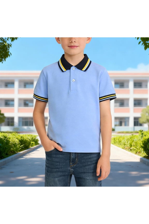 Boys Golf Shirts Kids Stripe Turn Down Collar Button Down Short Sleeve School Uniform Tops Loose Casual Pullover Tops 2026 Blue D 7-8 Years