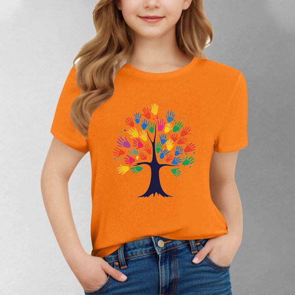 BRGZLK Boys Handprint Tree Printed T-Shirt Fashion Cozy Breathable Festival Casual Round Neck Short Sleeve Inspirational Top Shirt Orange 5-6 Years