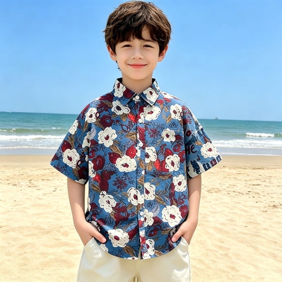 BRGZLK Boys Hawaiian Shirts Trendy Tropical Relaxed Fit Short Sleeve Button Down Tops Casual Floral Beach Shirt for Kids Summer Vacation Dark Blue 12-13Y