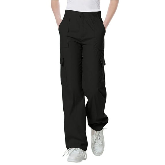 BRGZLK Boys Solid Color Elastic Waist Work Pants With Pockets Casual Loose Straight Pants Trendy Jogger Trousers Black 14-15 Years