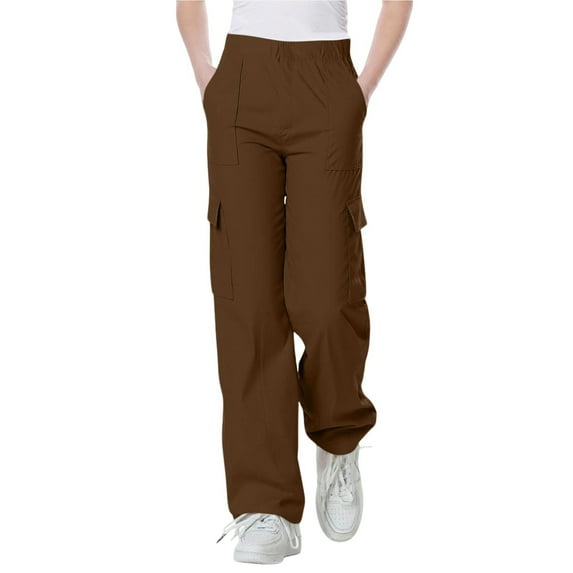 BRGZLK Boys Solid Color Elastic Waist Work Pants With Pockets Casual Loose Straight Pants Trendy Jogger Trousers Coffee 9-10 Years