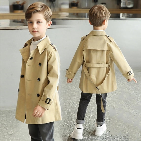 BRGZLK Boys Trench Coat Solid Color Mid Long Length Double Breasted Cardigan Windbreaker Fall Winter Trendy Coat with Belt Khaki 7-8 Years