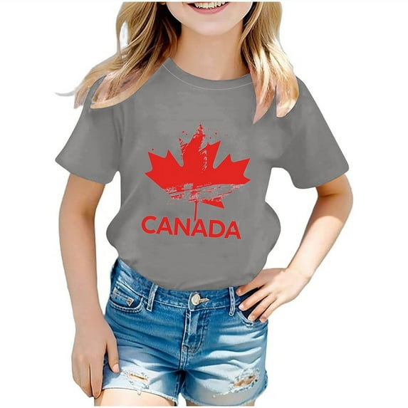 BRGZLK Canadian Flag T-Shirt for Children Canada Letter Print Casual Round Neck Short Sleeve Top Top Shirt Maple Leaf Vintage Graphic Tee Top for Kids Gray 9-10 Years
