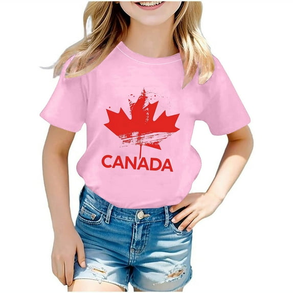 BRGZLK Canadian Flag T-Shirt for Children Canada Letter Print Casual Round Neck Short Sleeve Top Top Shirt Maple Leaf Vintage Graphic Tee Top for Kids Pink 5-6 Years