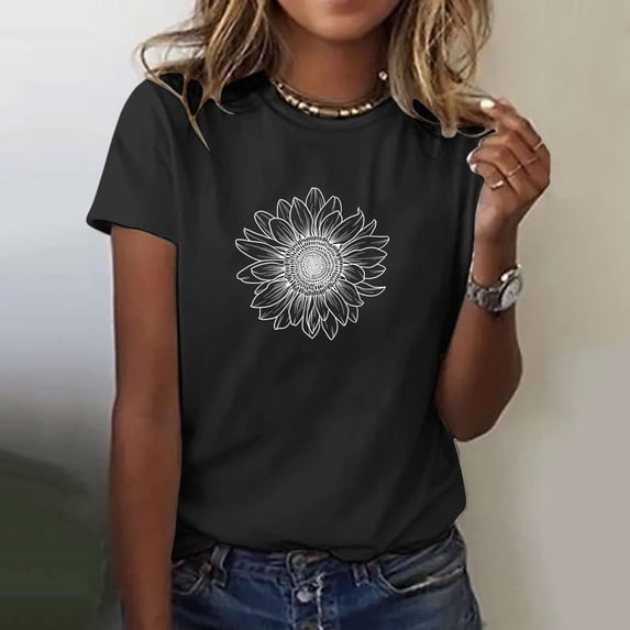 BRGZLK Cap Sleeve Womens Tops Fashion Print Round Neck Short Sleeve T-Shirt Top Stylish Sunflower Graphic Tee for Spring Summer Clothing Black L