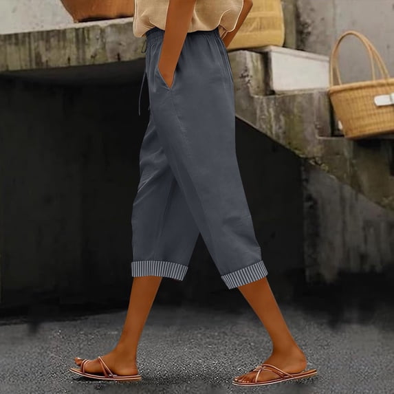 BRGZLK Capri Pants for Women High-Waist Solid Color Summer Drawstring Elastic Waist Casual Linen Loose Breathable Comfy Roll-Up Pocket Capri Pants Dark Gray L