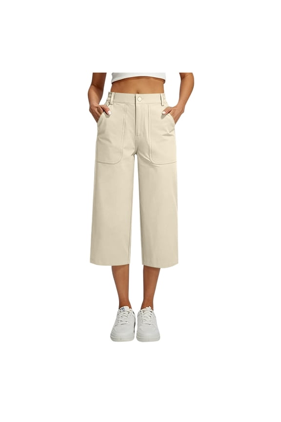 Capri Pants for Women Summer Side Slit Lightweight Wide Leg Work Travel Hiking with Pockets with Pockets, Button-Down Zipper Cargo Pants Beige XXL
